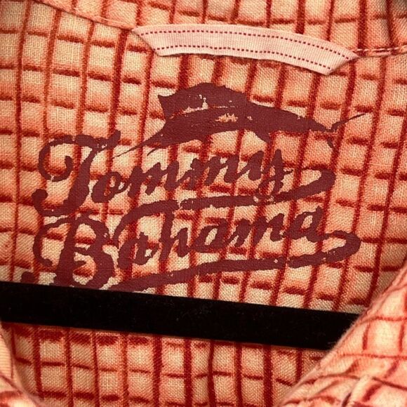 Tommy Bahama 100% Linen MensLarge Orange/White Gingham Plaid Shirt - Picture 5 of 16